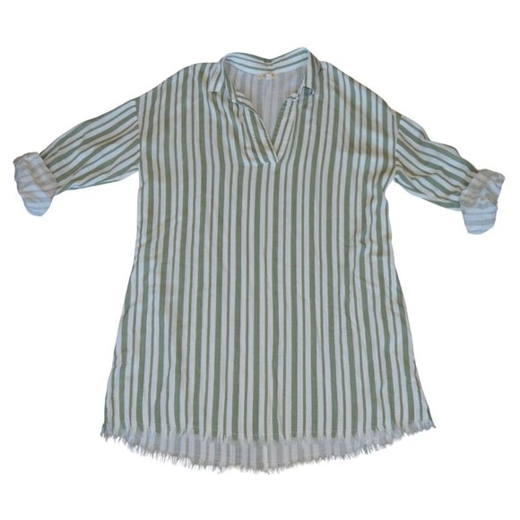 Umgee Green White Striped V Neck Roll Tab Sleeve Frayed Tunic Mini Dress Size L - Picture 6 of 6